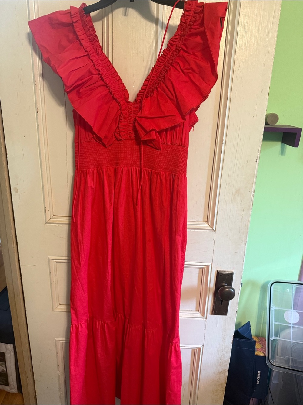 Adrianna Papell Red Ruffled V-Neck Maxi Dress